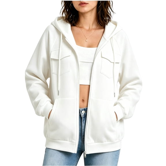 HAiming Hooded Jackets for Women Long Sleeve Zipper Loose Casual Jackets Fall Winter Workout Jackets with Pockets