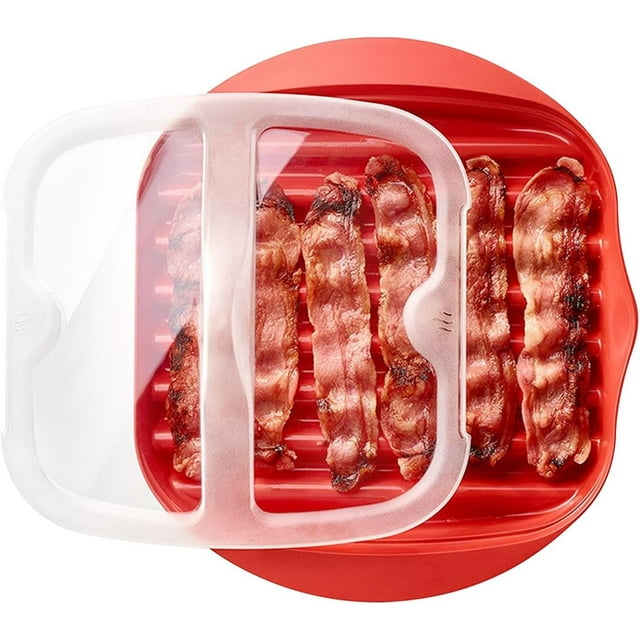 Cocina roja con tocino para microondas con tapa, bandeja única para tocino crujiente en cuestión de minutos