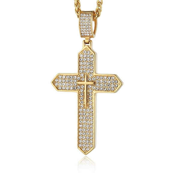 HZMAN Mens Iced Out Cross Cz Inlay Pendant 18k Gold Plated Stainless Steel Hip-Hop Necklace 24"