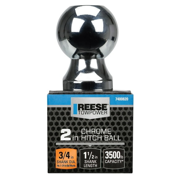Reese Towpower 7400820 Trailer Hitch Ball, 2 Inch Diameter, 3,500 lbs. Capacity, 3/4 Inch Shank Diameter, 1-1/2 Inch Shank Length, Chrome