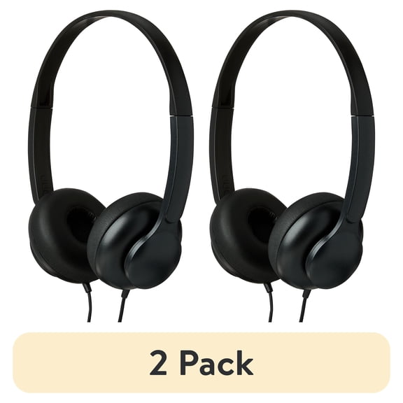 (2 pack) onn On-Ear Headphones Black Lightweight, Adjustable Headband, AUX Cord