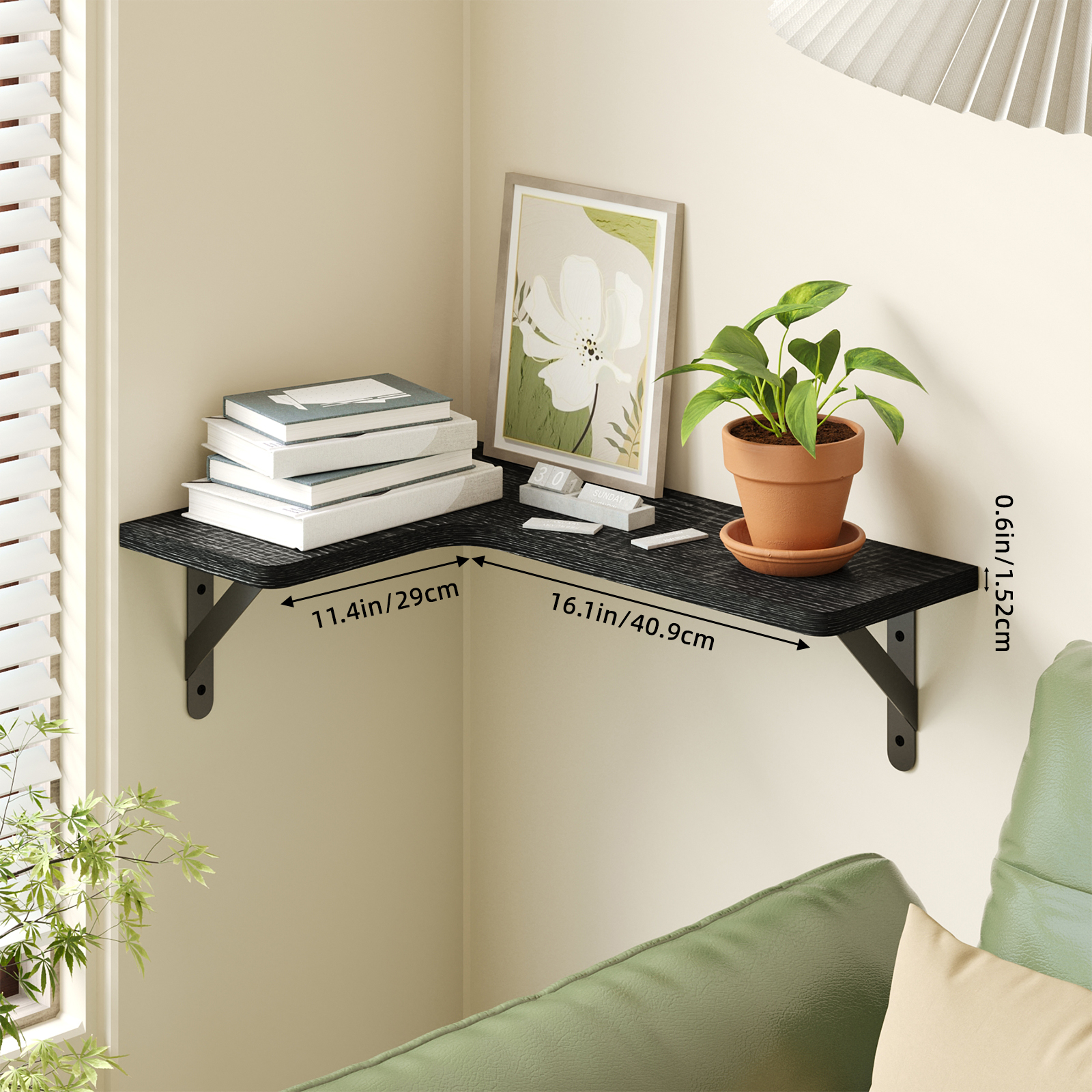 Tomnk Corner Floating Shelves, Set of 5 Rustic Wood Wall Shelves, Black