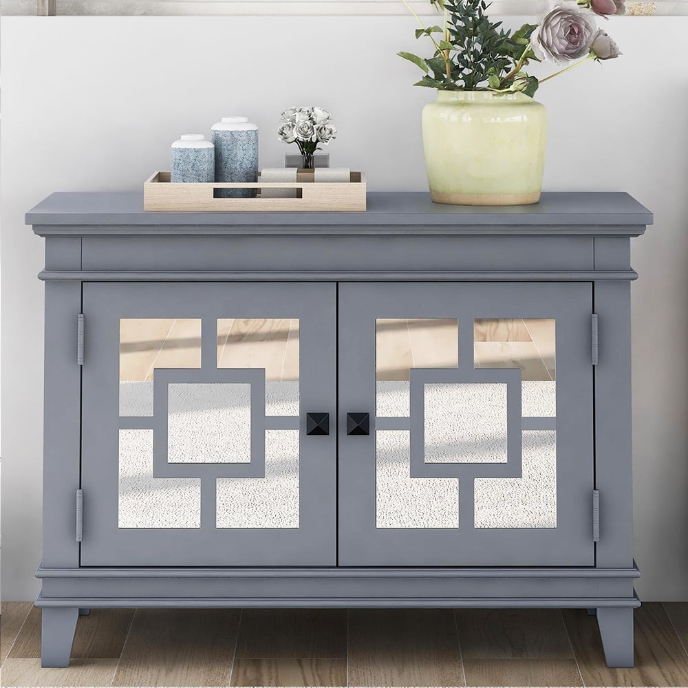Wood Buffet Sideboard with Mirror Pattern Doors & Shelf Gray