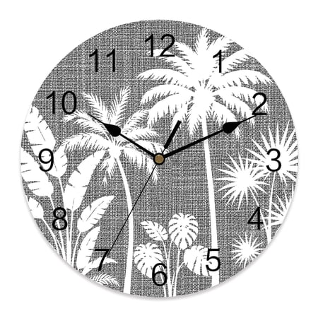 Wall Clock Tropical Palm Tree Clocks PVC Silent Non-Ticking Battery Operated Decorative Summer Coastal Grey Linen Round Clock for Home Living Room Kitchen Bedroom Office School Wall Decor 10 Inch