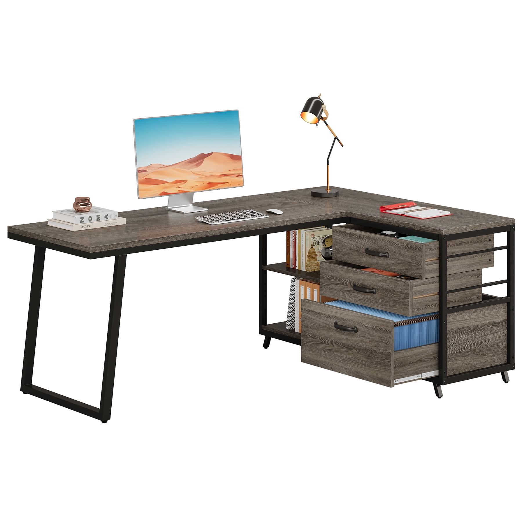 Fnova 53.15" L-shaped Computer Desk with 3 Drawers, Wood Tabletop, Metal Frame Office Desk, Gray