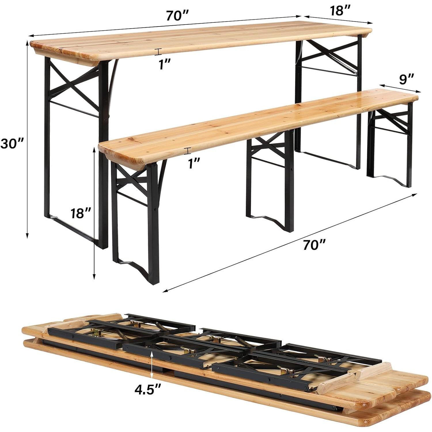 VINGLI Folding Picnic Tables with Benches Set, Weather-Resistant Wooden Beer Garden Table Bench, 3-Piece Portable Fold Up Camping BBQ Table w/Carrying Handles