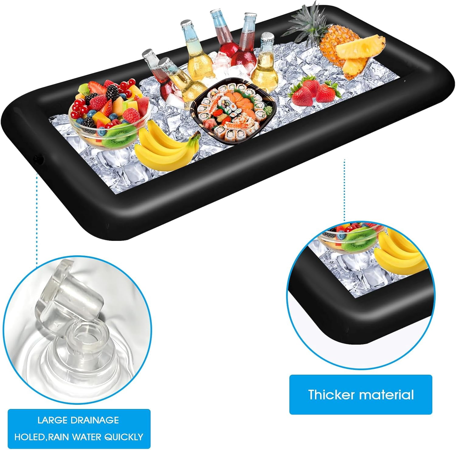FENLEI Inflatable Ice Serving Bar Pool Party Buffet Drink Cooler Floating Food Drink Container with Inflator (Black 2 Big and 2 Small)