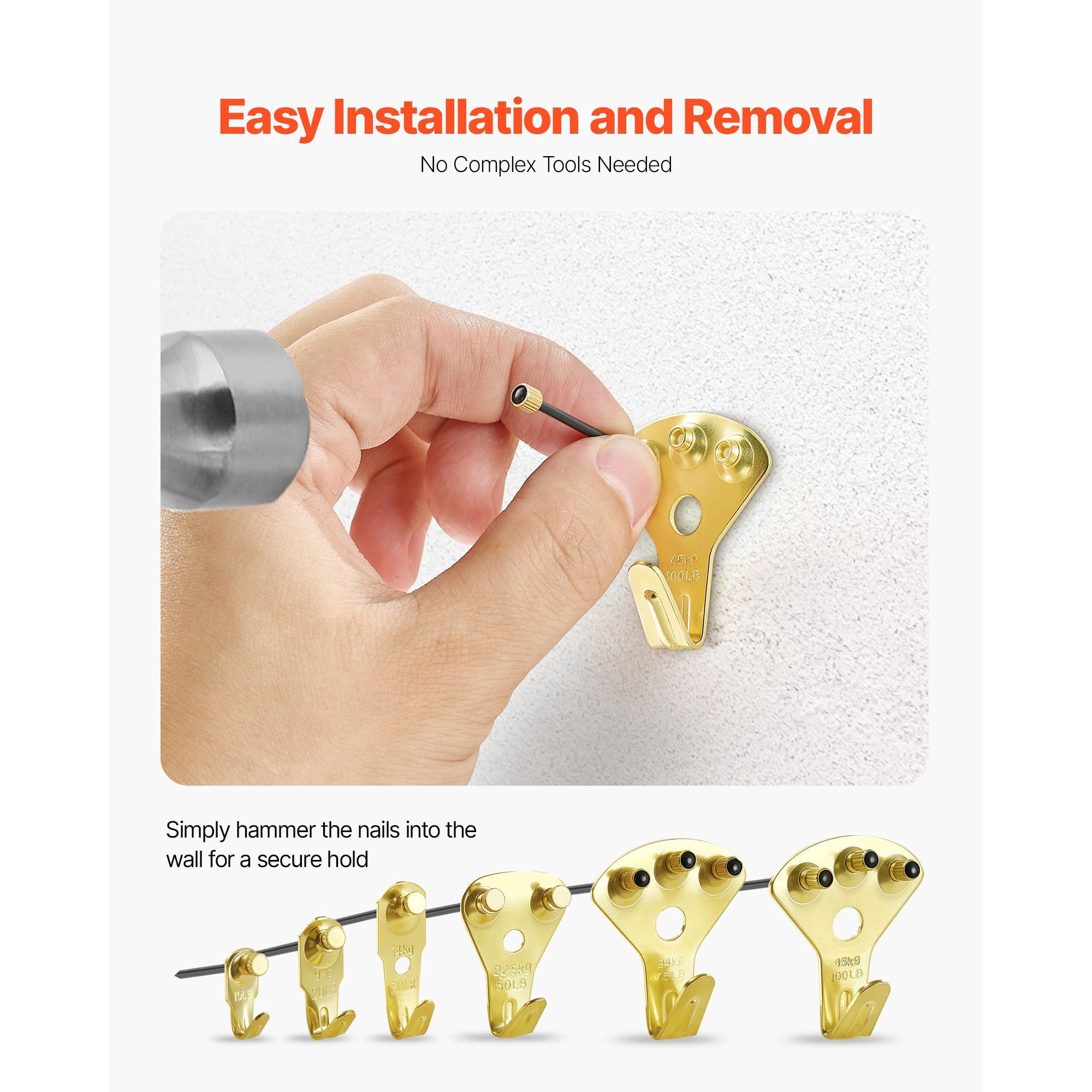 130-Piece Picture Hanging Kit, 10-100lb Metal Hooks with Nails for Mirror, Painting, Photo Frame, Drywall & Wood Wall, Gold