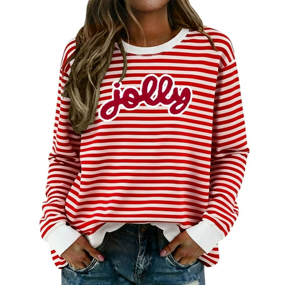 FYEGRE Women's Striped Letter Print Casual Crewneck Sweatshirt Fashionable Loose Fit Long Sleeve Pullover Soft Comfortable Fall Winter Everyday Wear Outfits Red L