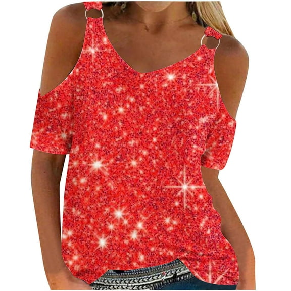 Pincandy Women's Fashion Casual Print Summer Cold Shoulder Tops Short Sleeve T Shirts Pullover Sexy Casual Dolman Blouses,Red,M