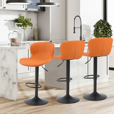 Bar Stools Set of 3, PU Leather Counter Height Barstools with Back, Height Adjustable Swivel Bar Chairs, Modern Armless Kitchen Island Stool, Orange
