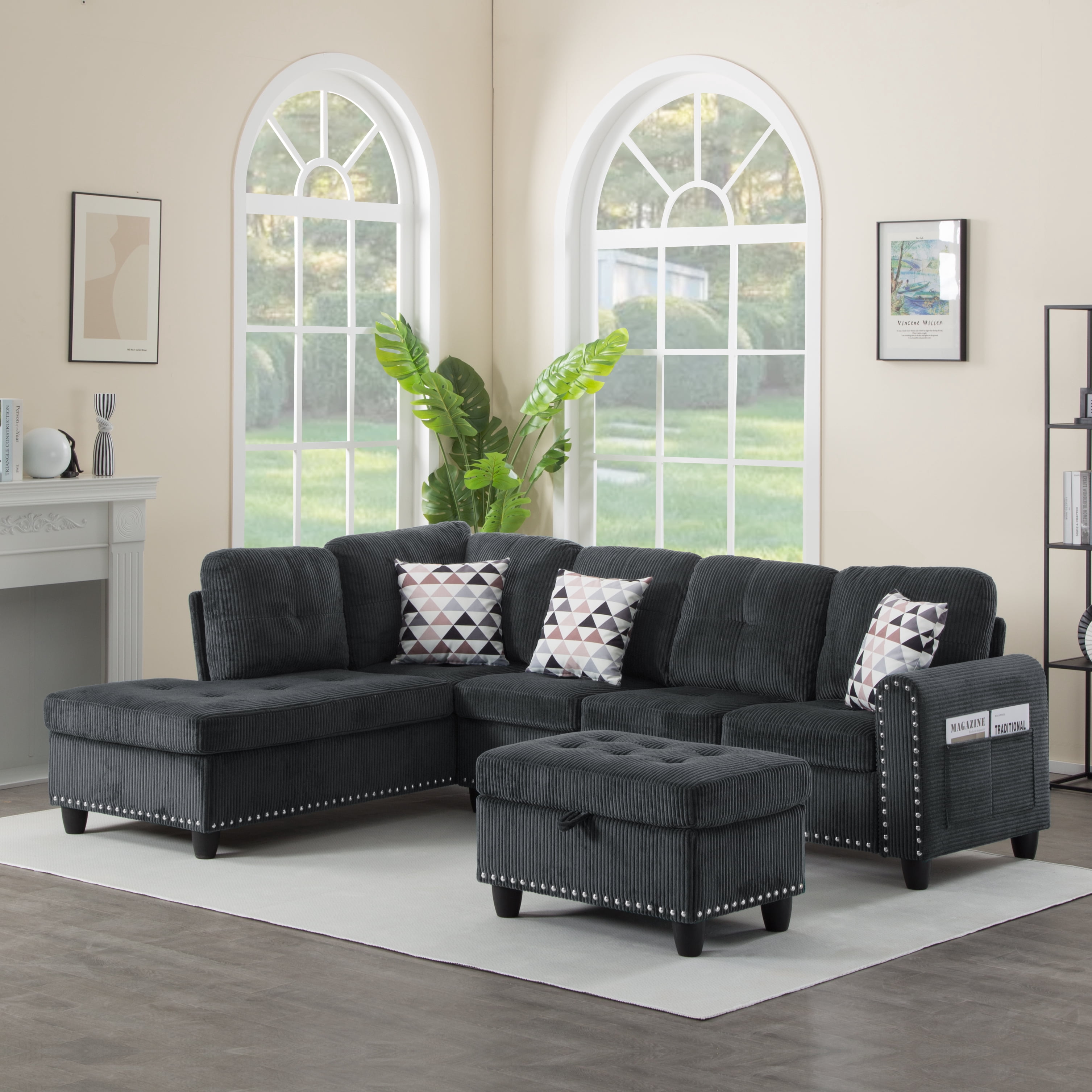 Gewnee 94.49”L‑Shaped Couch,Corduroy Modular Sectional Sofa with Storage Ottoman,Cup Holders,Nailhead Trim,6 Seat Sofa Couch with Pillows for Living Room,Office.Dark Grey