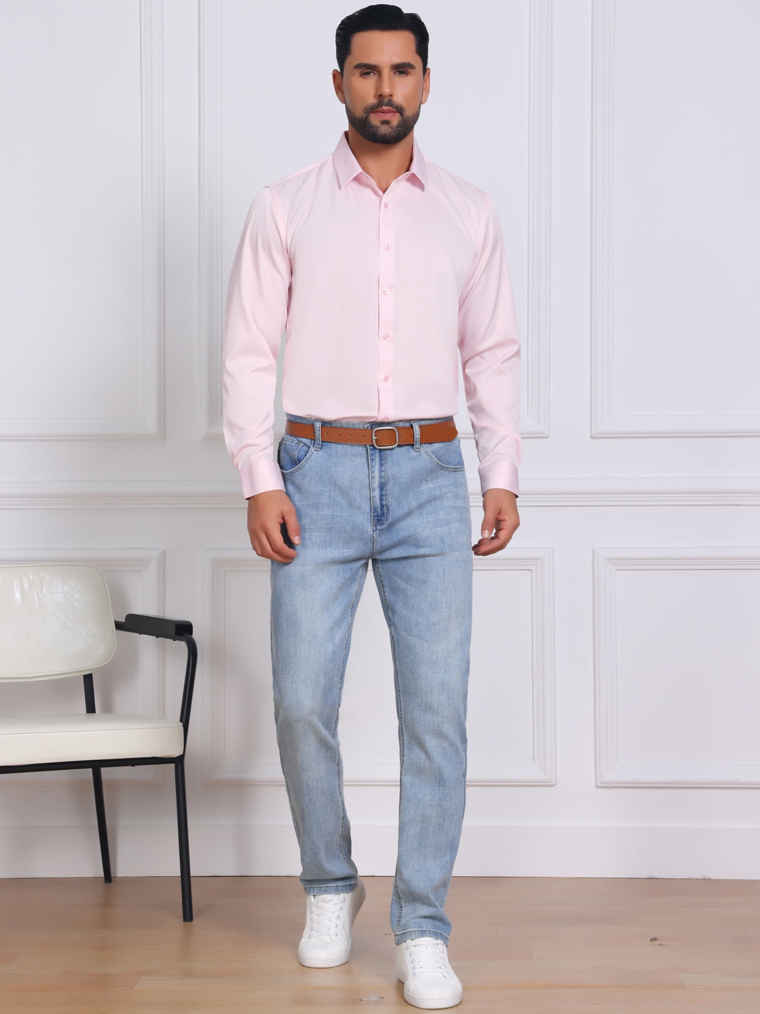 DARING DIVA Men's Point Collar Long Sleeve Button Down Formal Shirts XL Pink