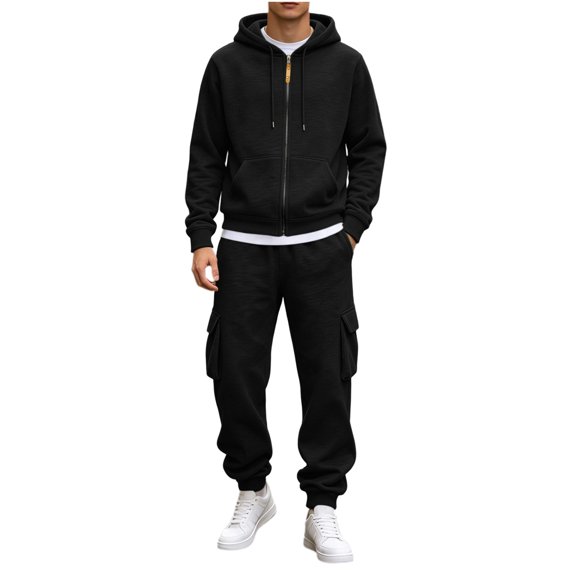 ShomPort Sweatsuits for Men 2 Piece Zip up Hoodies Cargo Jogger Loose Casual Workout Outfit Elastic Waist Jogging Tracksuits