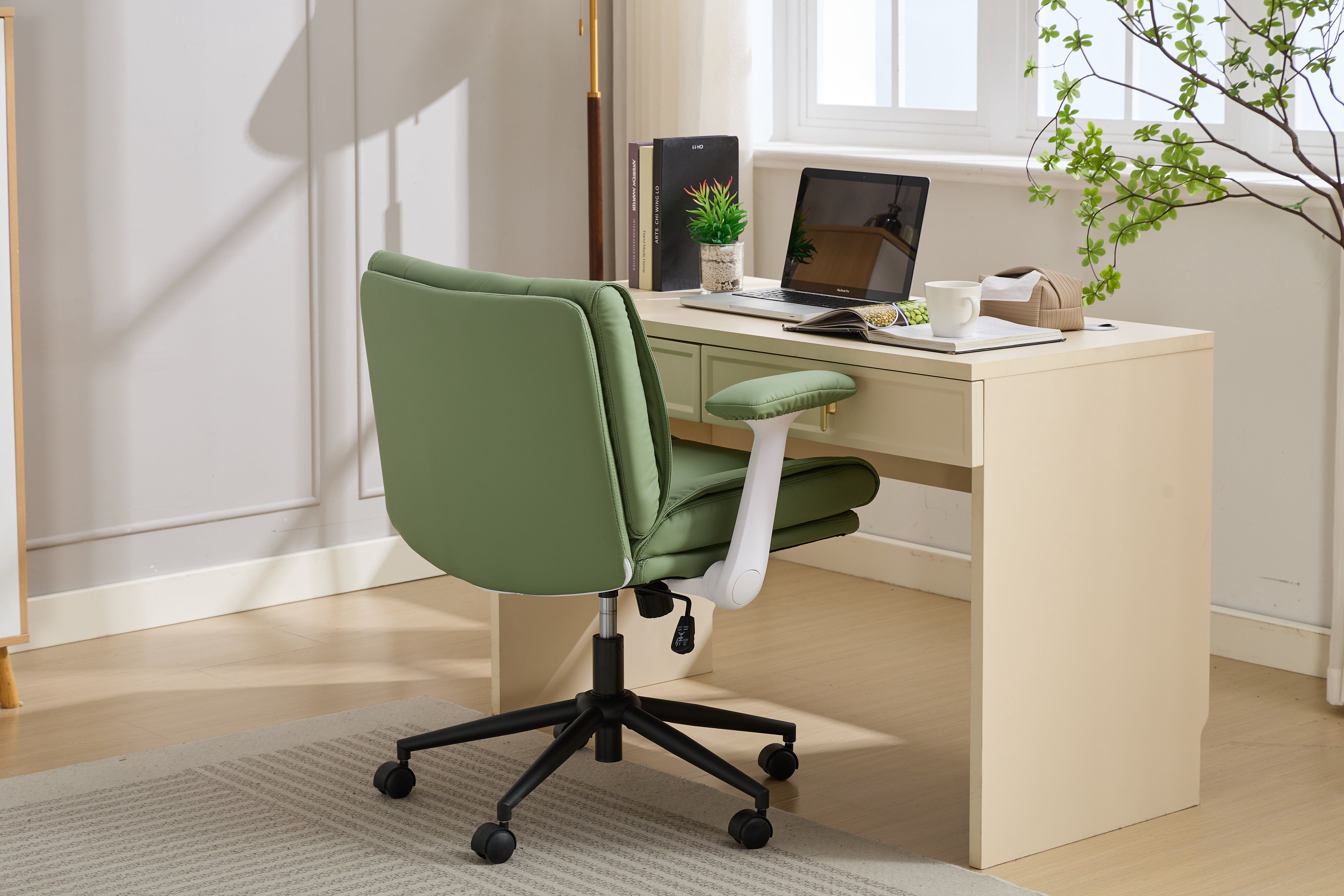 Faux Leather Cross Legged Office Chair with Flip-Up Armrests, 360° Swivel Height Adjustable Ergonomic Desk Chair 90°-120° Reclining for Home Office Vanity, Supports 300LBS