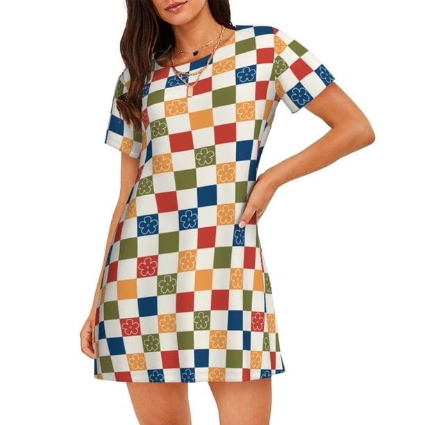 Easygdp Floral Checkerboard Camisón de manga corta para mujer, informal, estampado