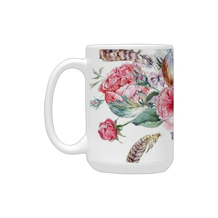 

Flowers Watercolor Style Effect Vintage Design with Roses Birds and Feathers Coral and Reseda Green Ceramic Mug (15 OZ) (Made In USA)
