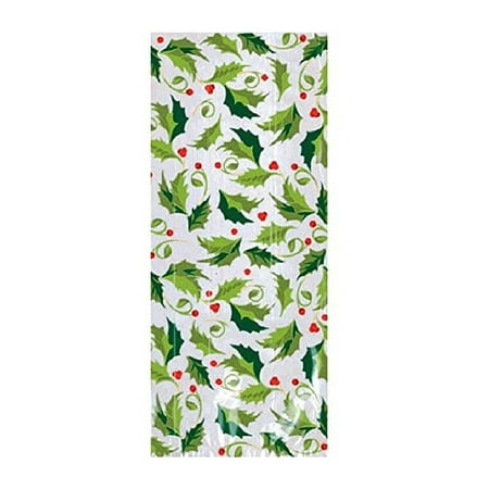 UPC: 0048419658054 | Holly Leaves Plastic Party Bags With Gold Twist Ties – 9 1/2 H x 4 W x 2 1/4 D – 20 Pack (378523)