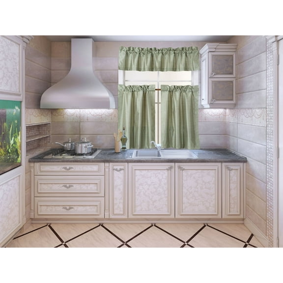 3-Piece K3 Sage Blackout Rod Pocket Kitchen Curtain Set, Two (2) Geometric Design Tier Panels with One (1) Matching Swag Valance Included