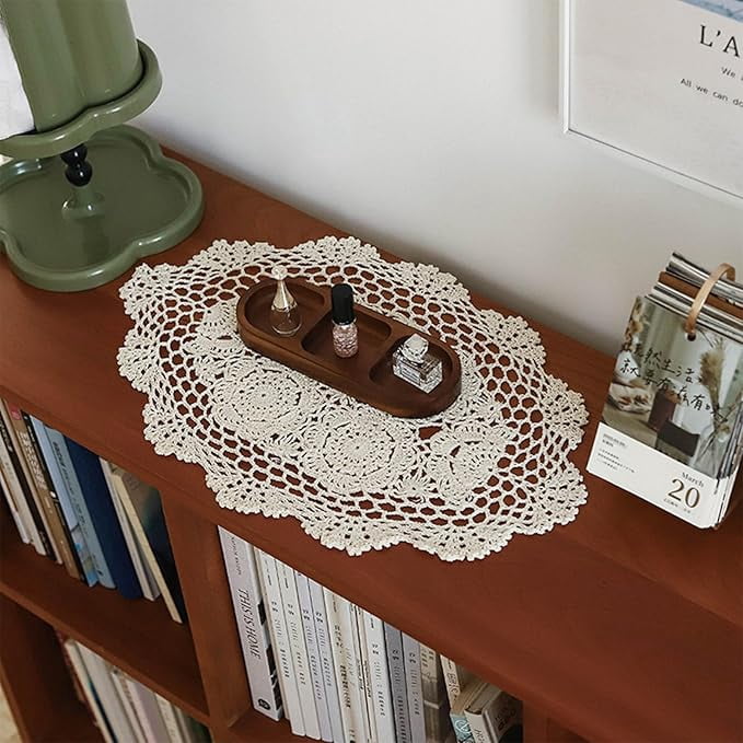 ZOURIH 4Pcs Handmade Cotton Crochet Doilies 12"x18",Oval Boho Lace Table Placemats Vintage Furniture Cloth Cover Room Decor,Floral Dollies for Tables Dresser Nightstand,Beige