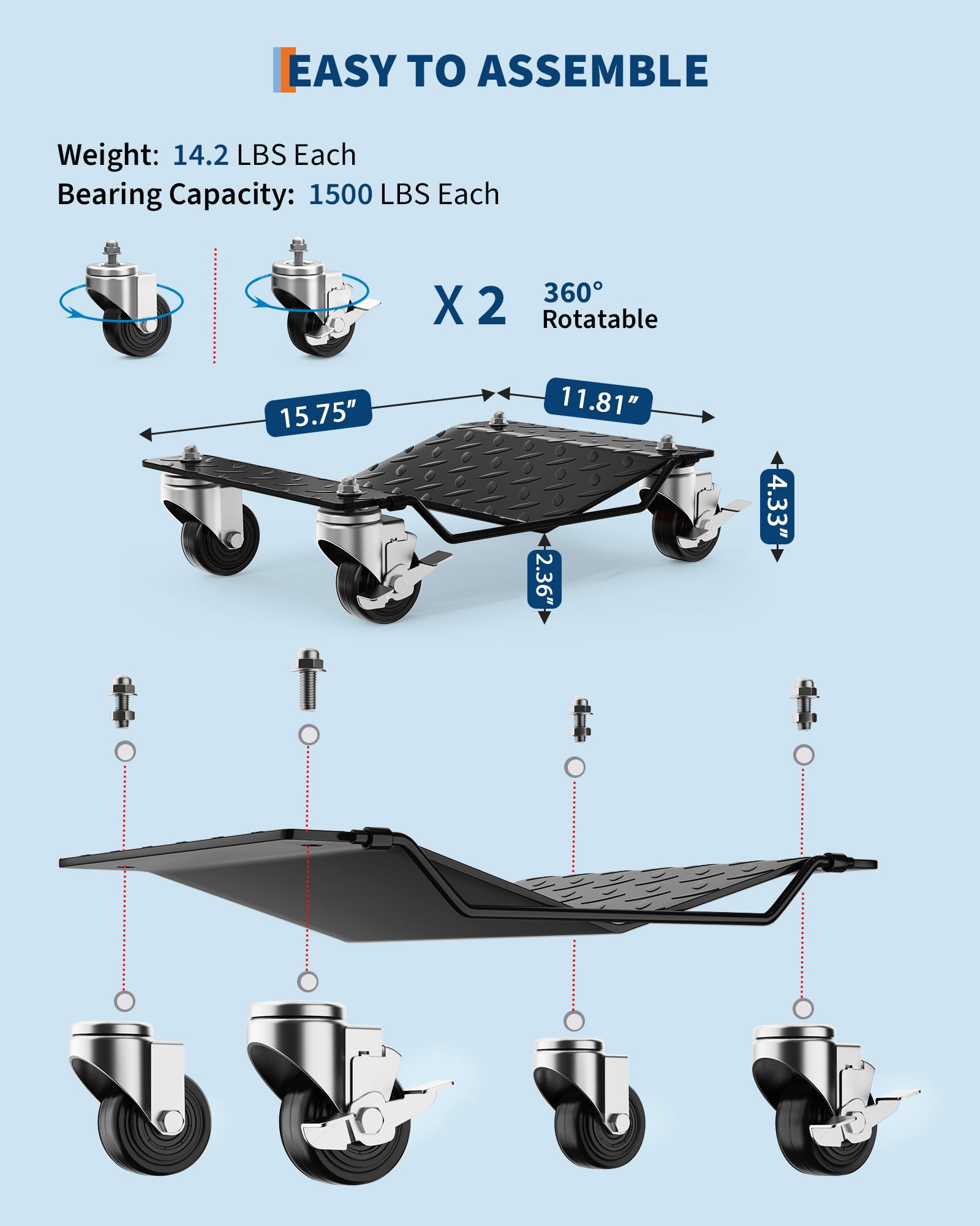 6000 LBS High-Capacity Car Dolly Set of 4 Secure Lock Design for Safe & Efficient Vehicle Moving & Garage Auto Repair