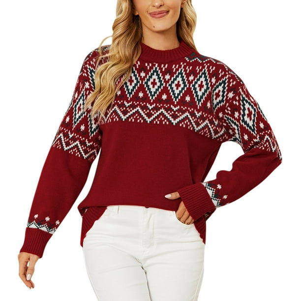 Gibobby Suéter Navidad mujer Suéter informal de punto con bloques de color en contraste de Navidad con cuello redondo para mujer(Rojo,CH)