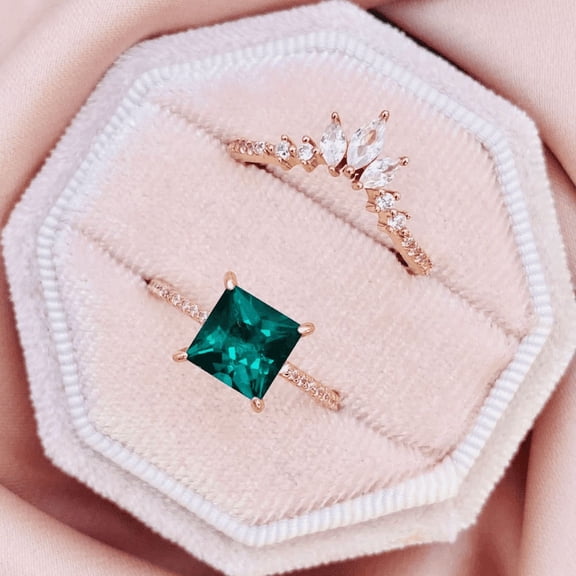 Prinecess Cut Emerald Engagement Ring Set- 14K Rose Gold Vermeil- Stacking Ring- May Birthstone