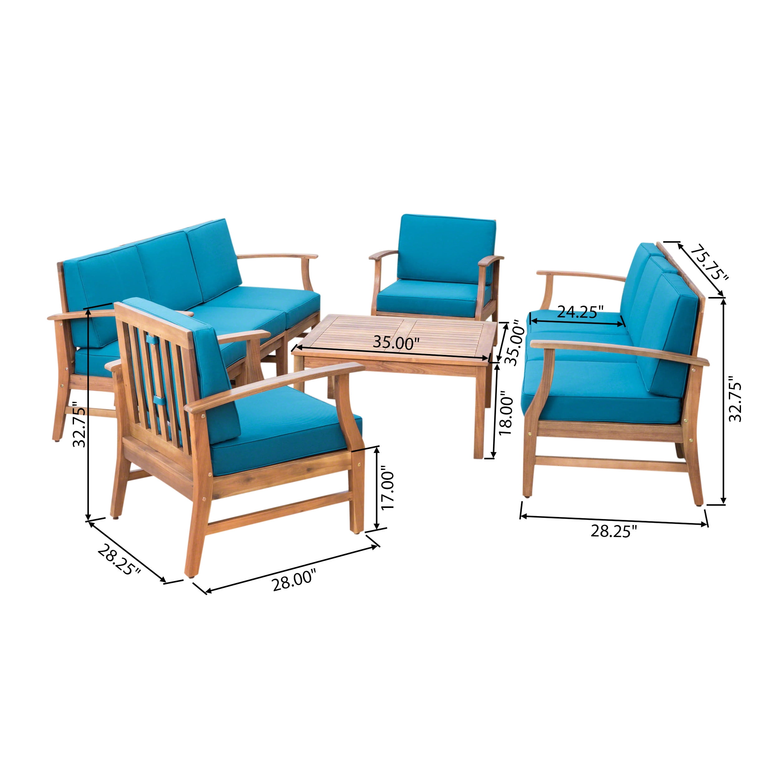 Peacock Outdoor 8 Seater Finished Acacia Wood Double Sofa and Club Chair Set with Cushions, Teak, Blue