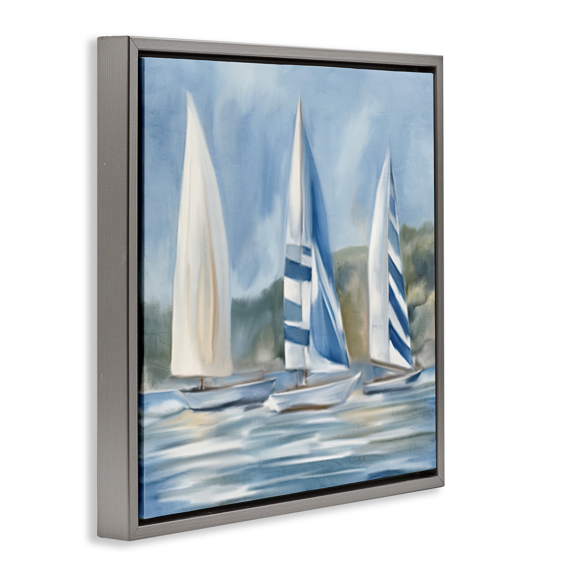 Stupell Industries Sailboat Trio Drifting Coastal Painting Gray Floater Framed Canvas Art Print Wall Art, 25 x 25