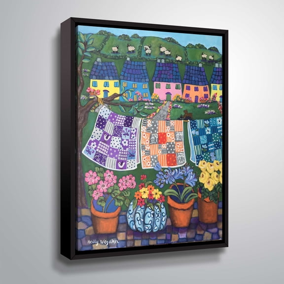 ArtWall Sheepish Hillsides with Cottages and quilts, Gallery Wrapped Floater-framed Canvas by Holly Wojahn