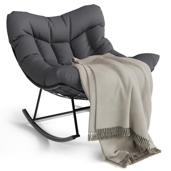 TROPOW Outdoor Papasan Rocking Chair, Oversized Rocking Chair with Sturdy Metal Frame, Patio Rattan Egg Rocker for Balcony Backyard Porch Bedroom
