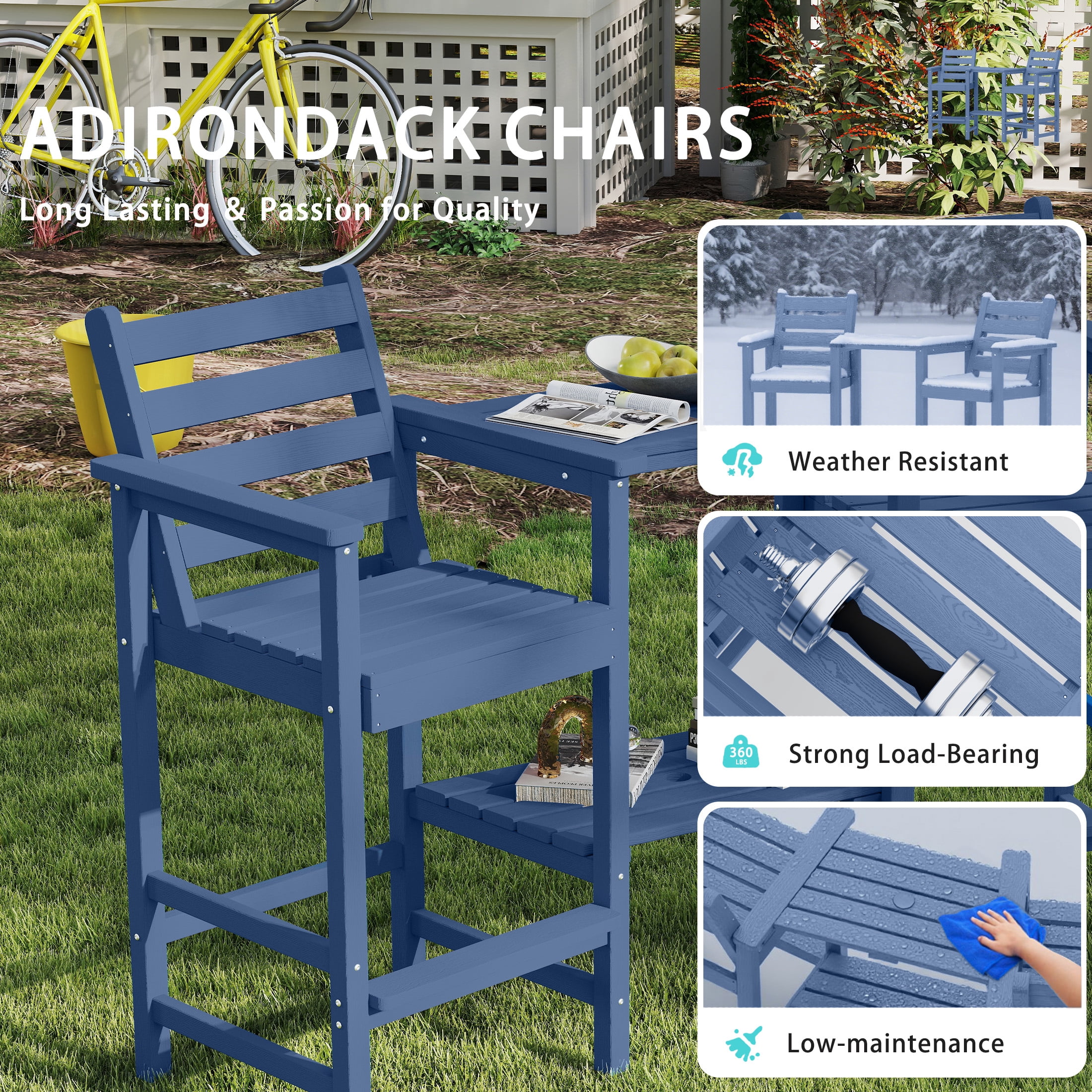 AreShark HDPE Tall Adirondack Chair Set with Removable Double Trays (Set of 2) Navy