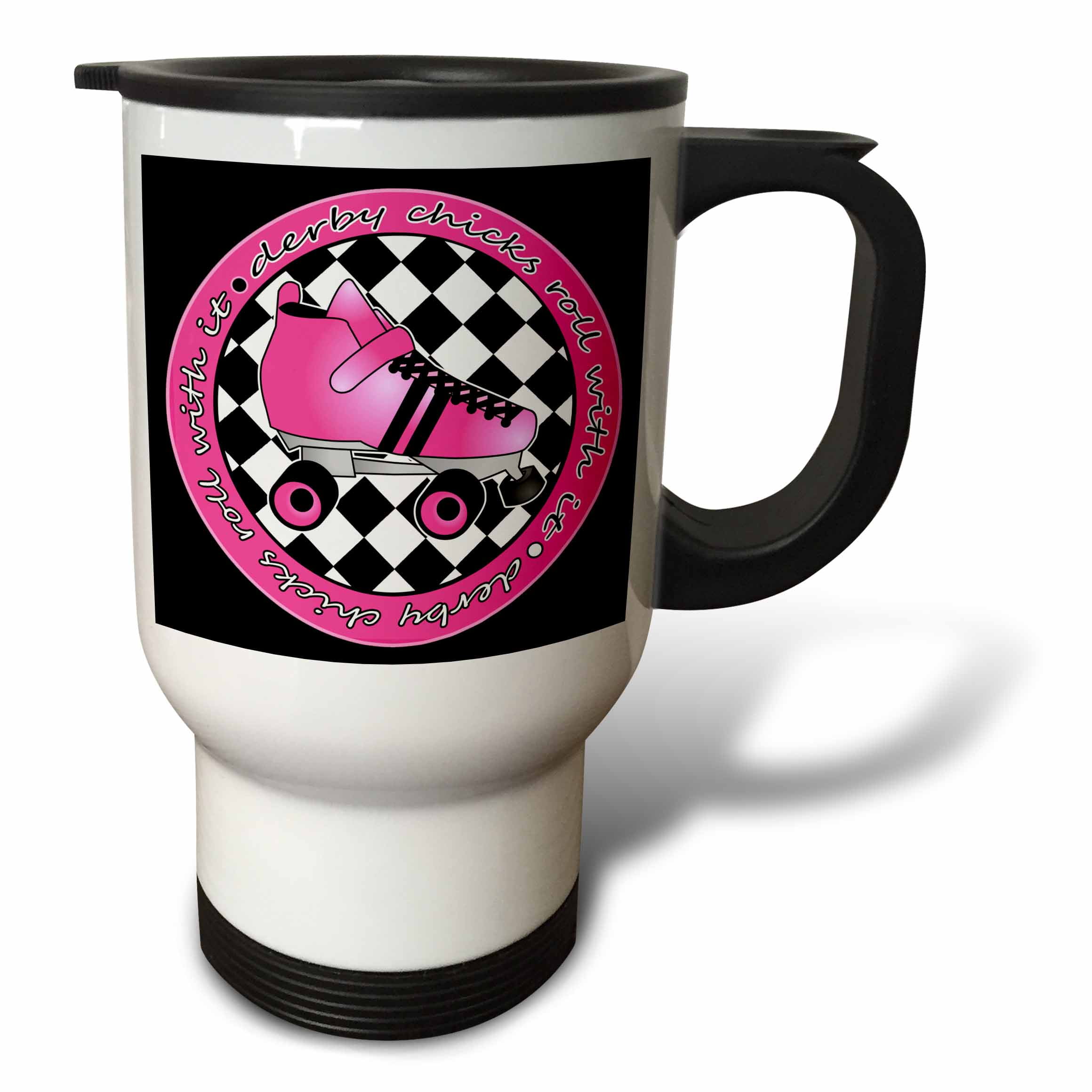 3dRose Derby Chicks Roll With It Hot Pink Roller Skate and Black, Travel Mug, 14oz, Stainless Steel by 3dRose