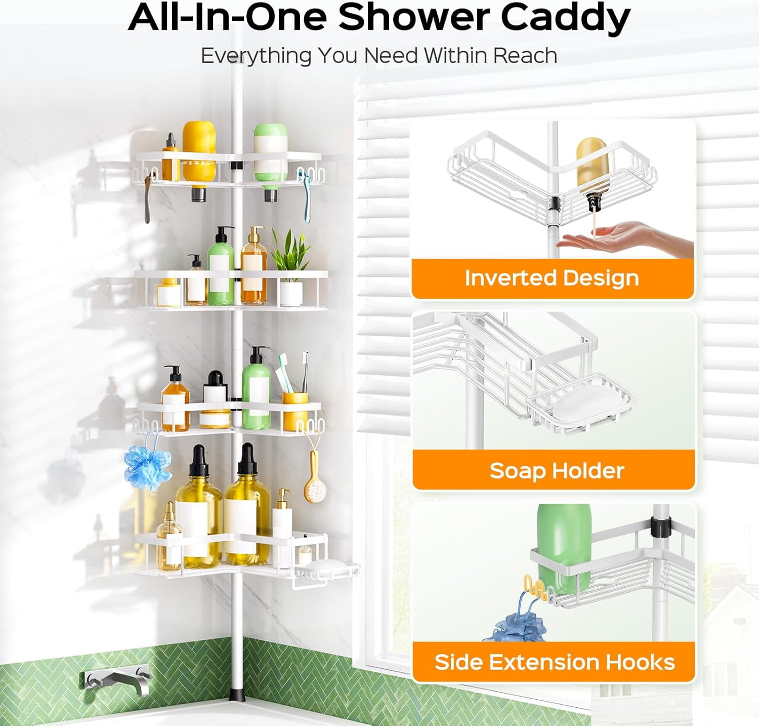 Shower Caddy Tension Pole: 4-Tier Corner Rustproof Bathroom Organizer with Soap Holder & Hooks - No-Drill Adjustable Shower Shelf for Renters - Family Stand Storage Rack - 47-123 Inch