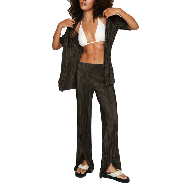 VISgogo Traje de ocio de verano para mujer, camisa de manga corta con solapa de color sólido para mujer + pantalones largos divididos de cintura alta VISgogo moda