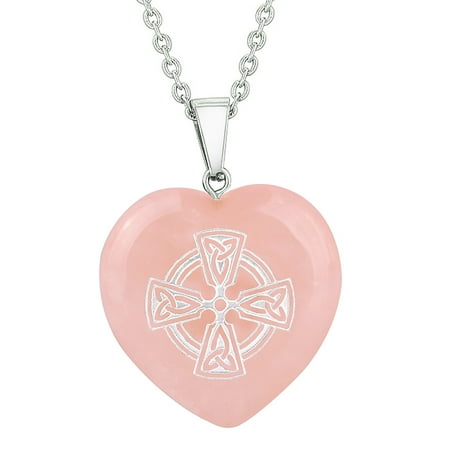 Quartz Cross (Amulet Viking Celtic Cross Circle Powers Protect Energy Rose Quartz Puffy Heart Pendant 18 Inch)