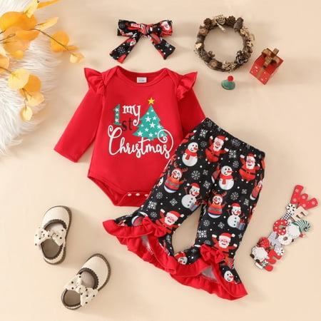 

Xijirk Baby Girl Christmas Outfit Girls Long Sleeve Christmas Letter Romper Bodysuit Cartoon Prints Bell Bottoms Pants Outfits Size 3-6 Months