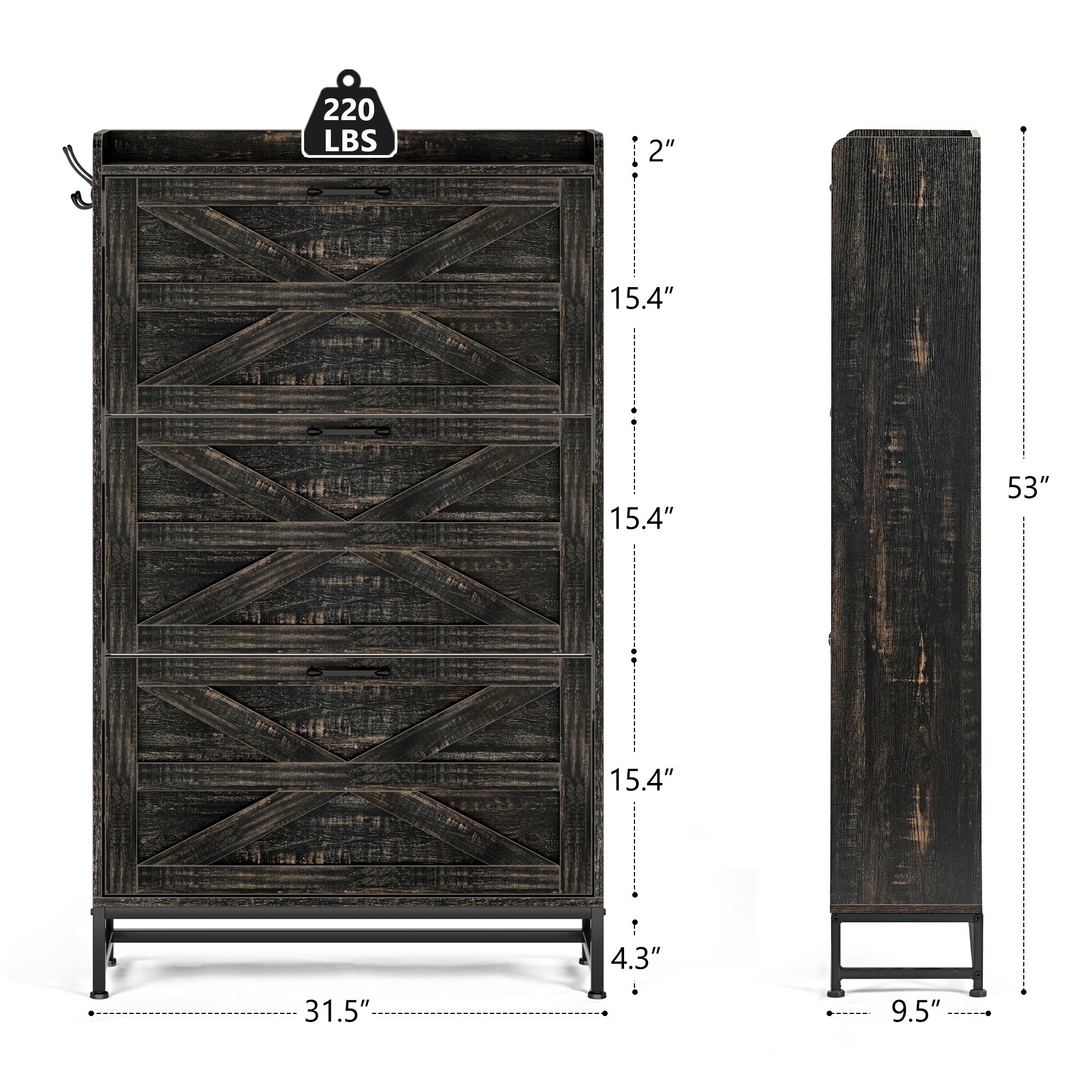 AENKYO Narrow Rustic Shoe Cabinet with Flip Drawers, 3-Tier Entryway Shoe Organizer, Charcoal gray