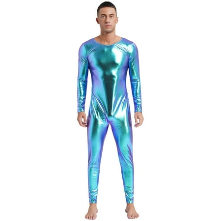 YONGHS Men s One Piece Shiny Metallic Patent Leather Jumpsuit Zentai Slim Fit Unitard Bodysuit Blue XXL
