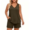 thumbnail image 2 of Women's V-Neck Sleeveless 2 Piece Casual Pajama Sets, Loose Flowy Tank Top & Ruffle Hem Elastic Shorts, Thin Lightweight All Season Wearable Daily Indoor | TruHer,Army Green L, 2 of 7