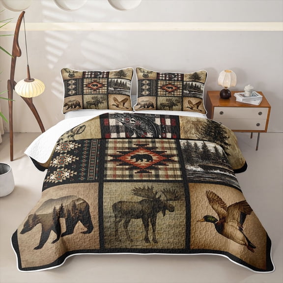 Homewish Rustic Lodge Cabin Twin Quilt Set,Hunting Mallard Duck Deer Bear Twin Coverlet Set,2pcs