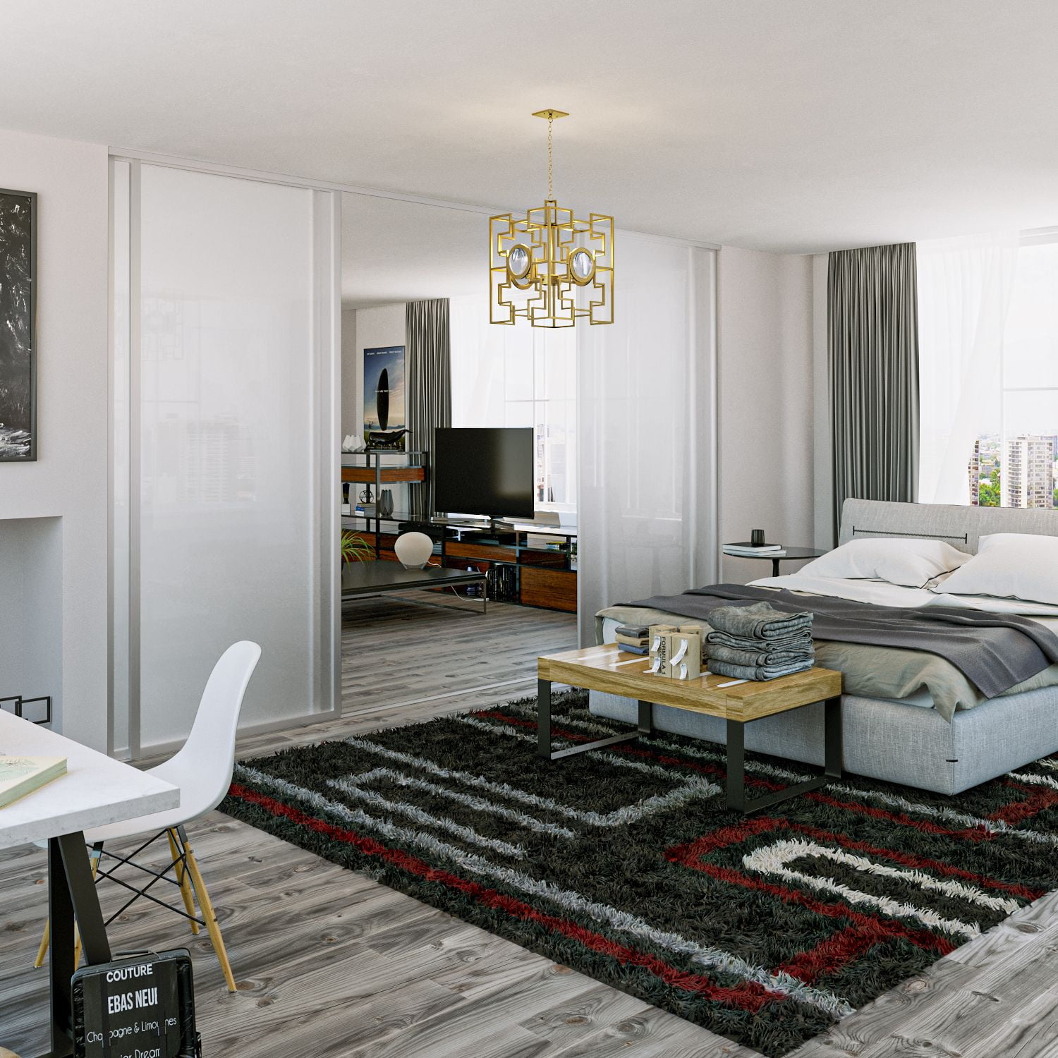 4 Panel Room Dividers Glass Doors 144 x 80 Inches ( 436" Panels ), Silver Frame Frosted Glass