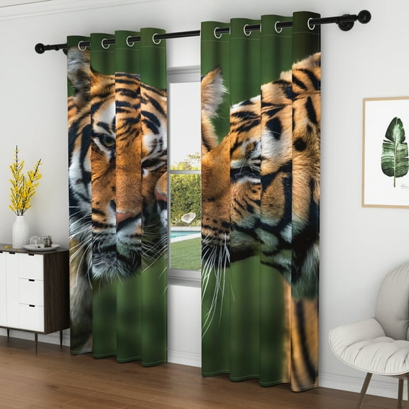 Lfeey Tiger Animal Blackout Curtains for Children's Room, Room Darkening, Set of 2, Green, 42x63 inches