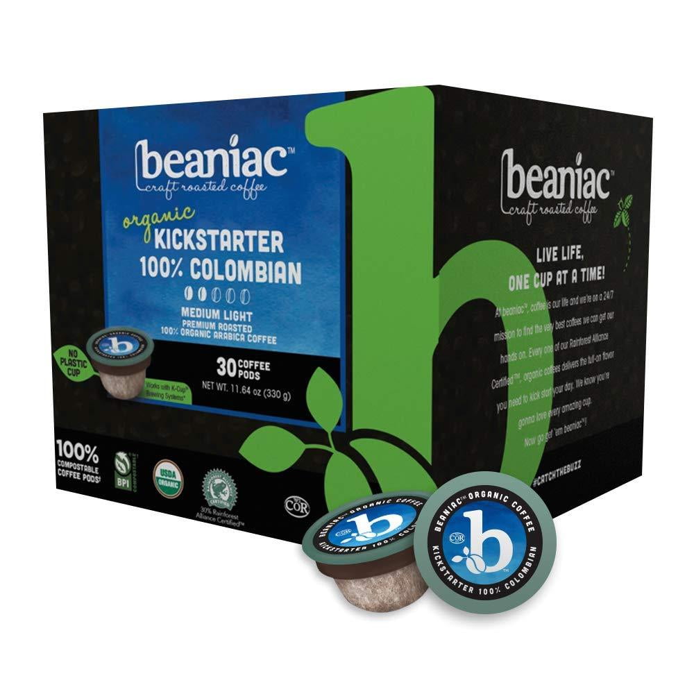 Photo 1 of beaniac Organic Kickstarter 100 Colombian Medium Roast, Single Serve Coffee K Cup Pods Rainforest Alliance Certified 30 Compostable, Plant-Based Coffee Pods Keurig Brewer Compatible
exp 10/01/2021