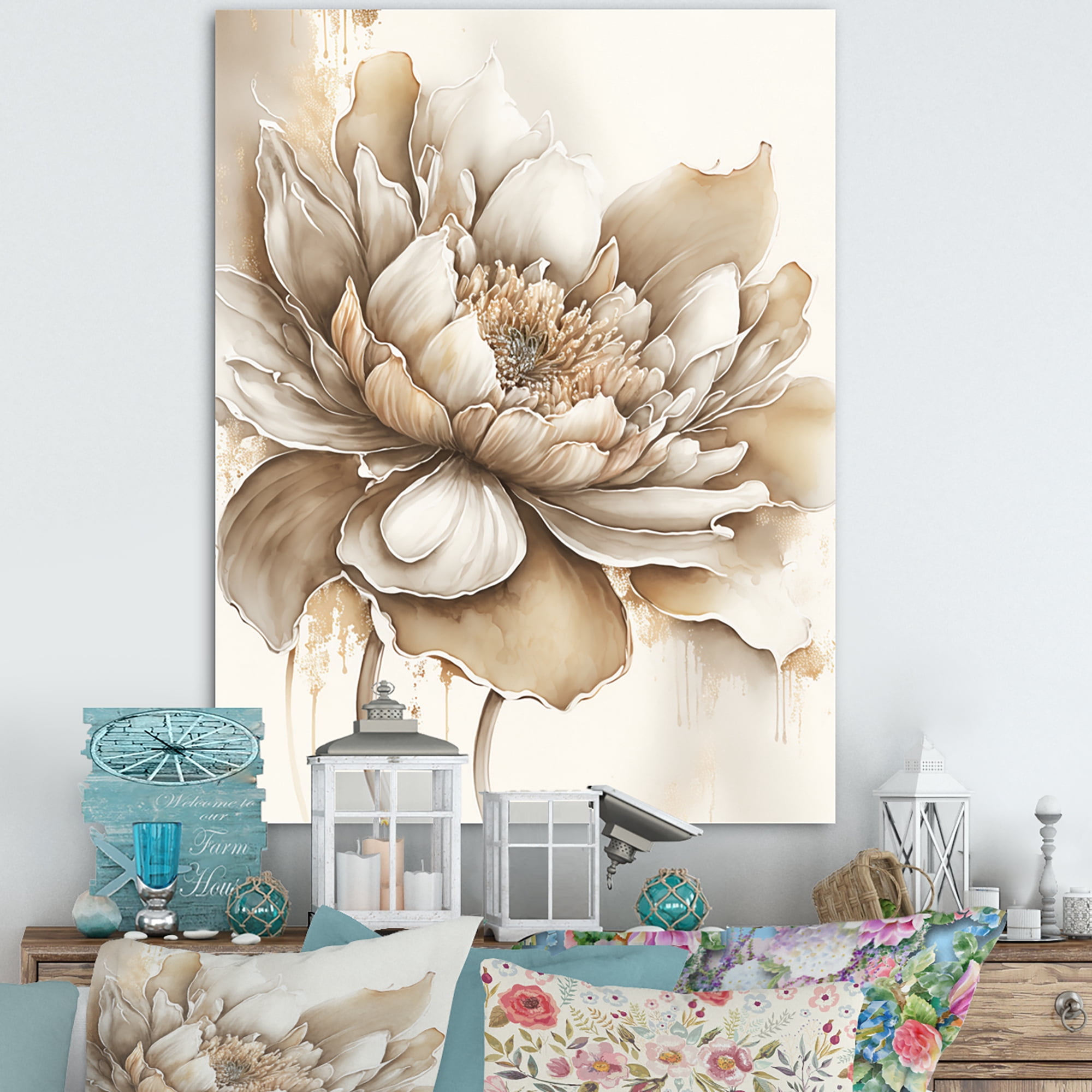 Designart Indigold Beige Flower III Canvas Wall Art
