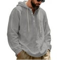thumbnail image 4 of OGLCCG Men's Linen Stripe Hooded Shirts V Neck Half Button Down Long Sleeve Drawstring Blouses Oversized Casual Loose Fit Pullover Tops,XXXL,Gray, 4 of 6