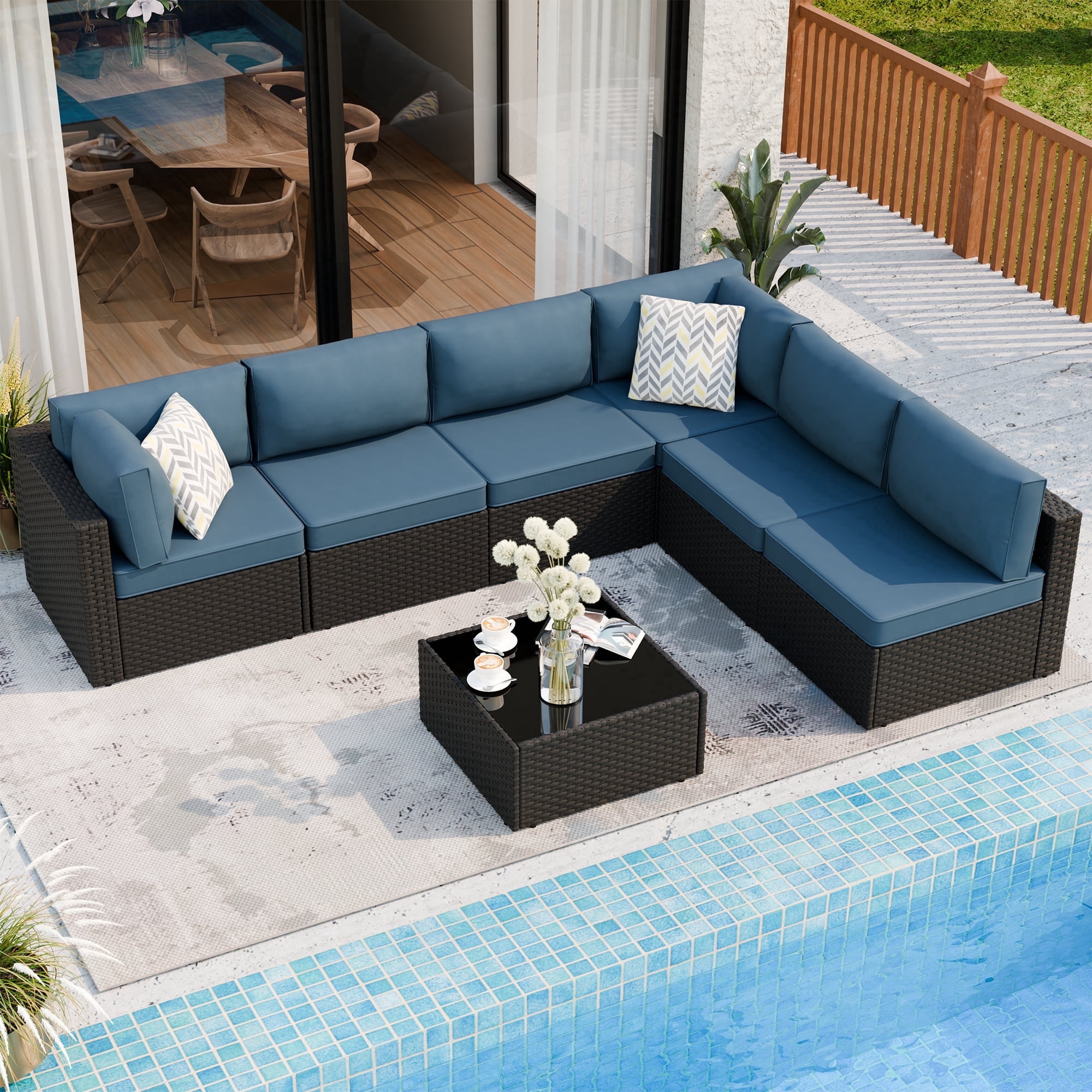 Walsunny 7 Pieces Patio Conversation Set, All-Weather Rattan Wicker Patio Furniture Sets with 6 Chairs and 1 Coffee Table, Washable Couch Cushions,Black Rattan Navy Blue Cushions
