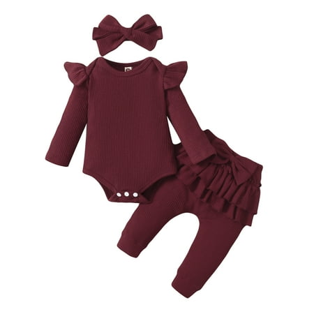 

TAIAOJING Baby Girl Clothes Boys Long Sleeve Solid Romper Bodysuit+Ruffles Pants Headbands Outfits For Girl 3-6 Months