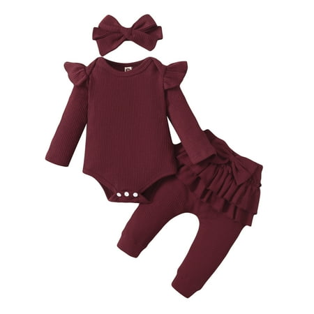 

Baby Boys Girls Long Sleeve Solid Romper Bodysuit+Ruffles Pants Headbands Outfits