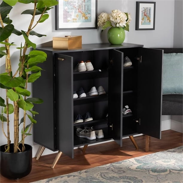 Baxton Studio Kelson Dark Gray and Gold Finished Wood 3-Door Shoe